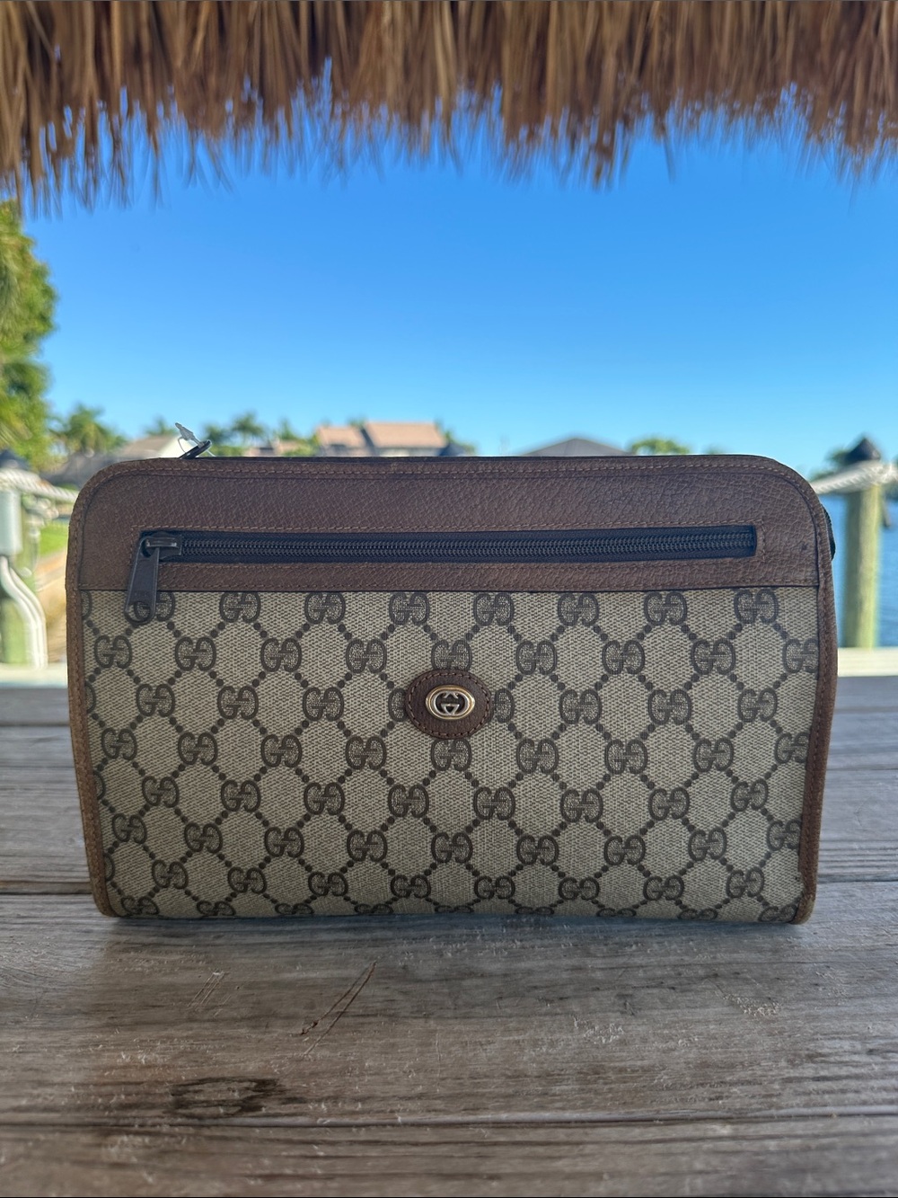 Gucci Beige Brown GG Supreme Toiletry Pouch with Leather Trim